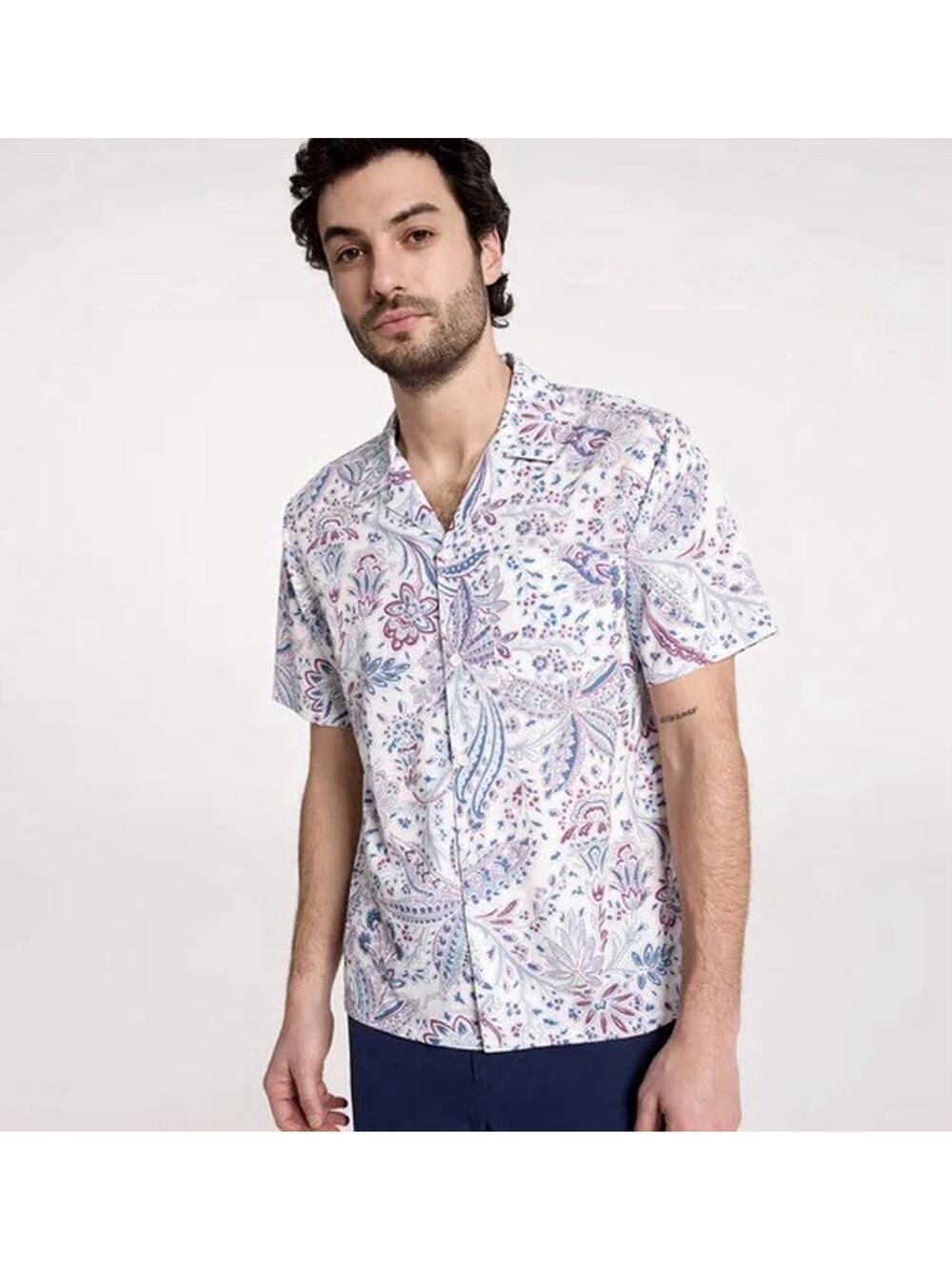 VRST Coastal Blue White Paisley Button Shirt Mens medium resort performance
